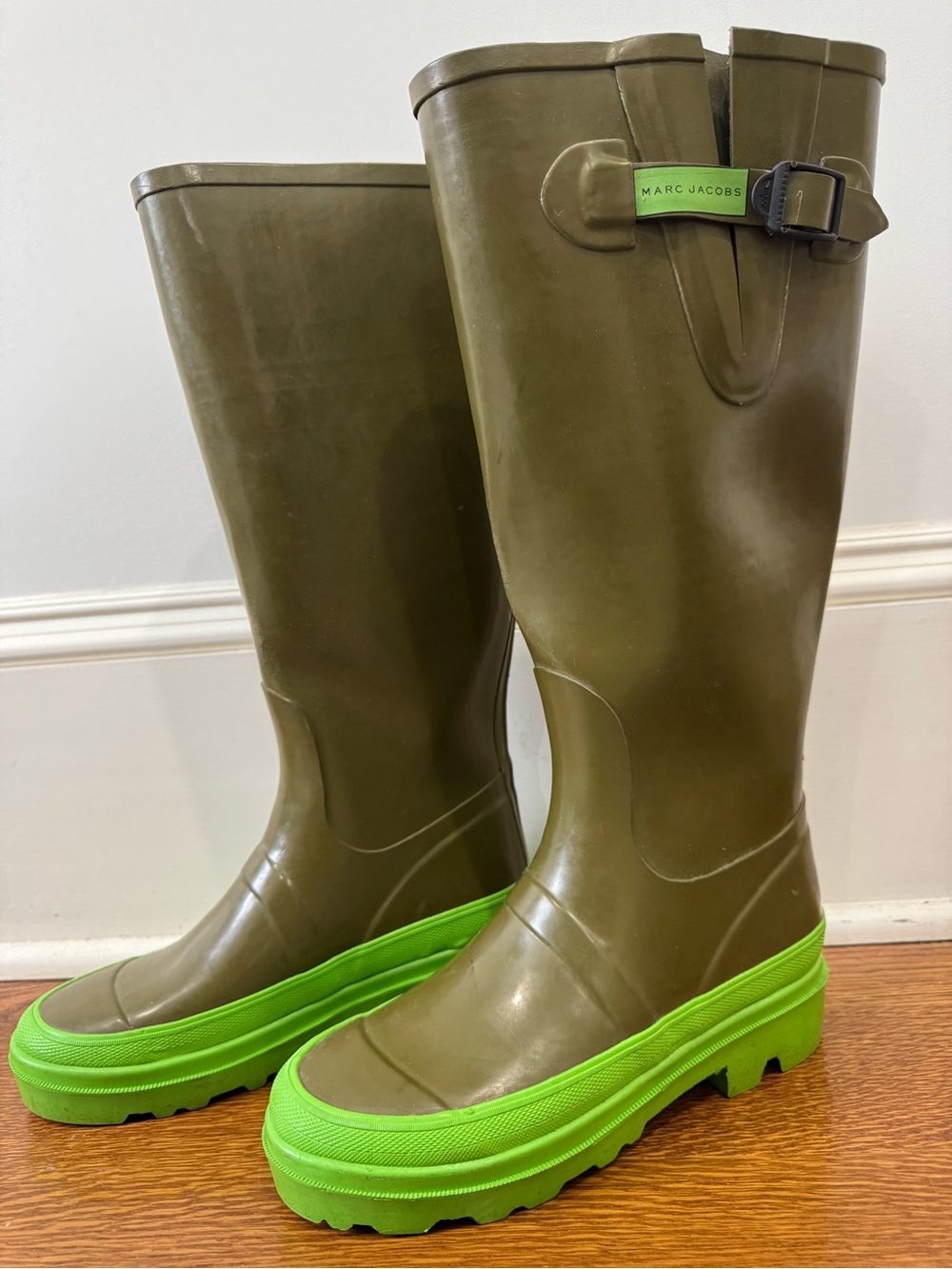 Marc Jacobs Olive Knee-High Rain Boots with Neon Green Platform
